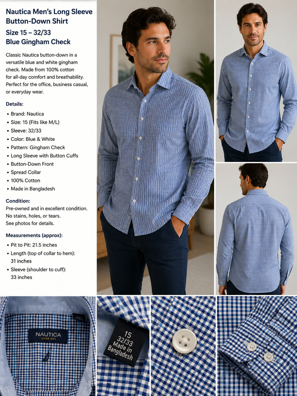 Nautica Men's Long Sleeve Button-Down Shirt | Blue Gingham Check | Size 15 32/33